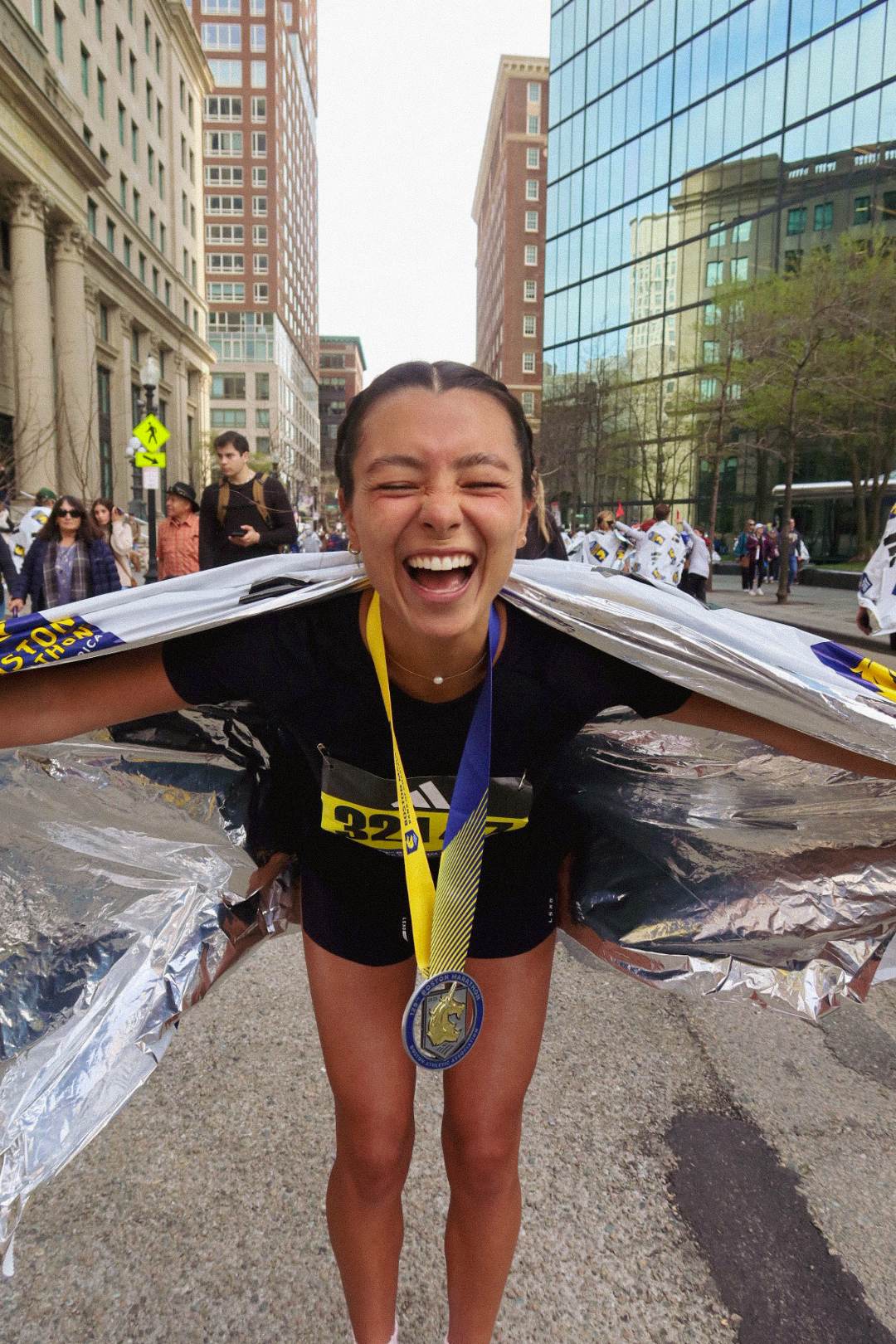 Meg at the finish of the Boston Marathon